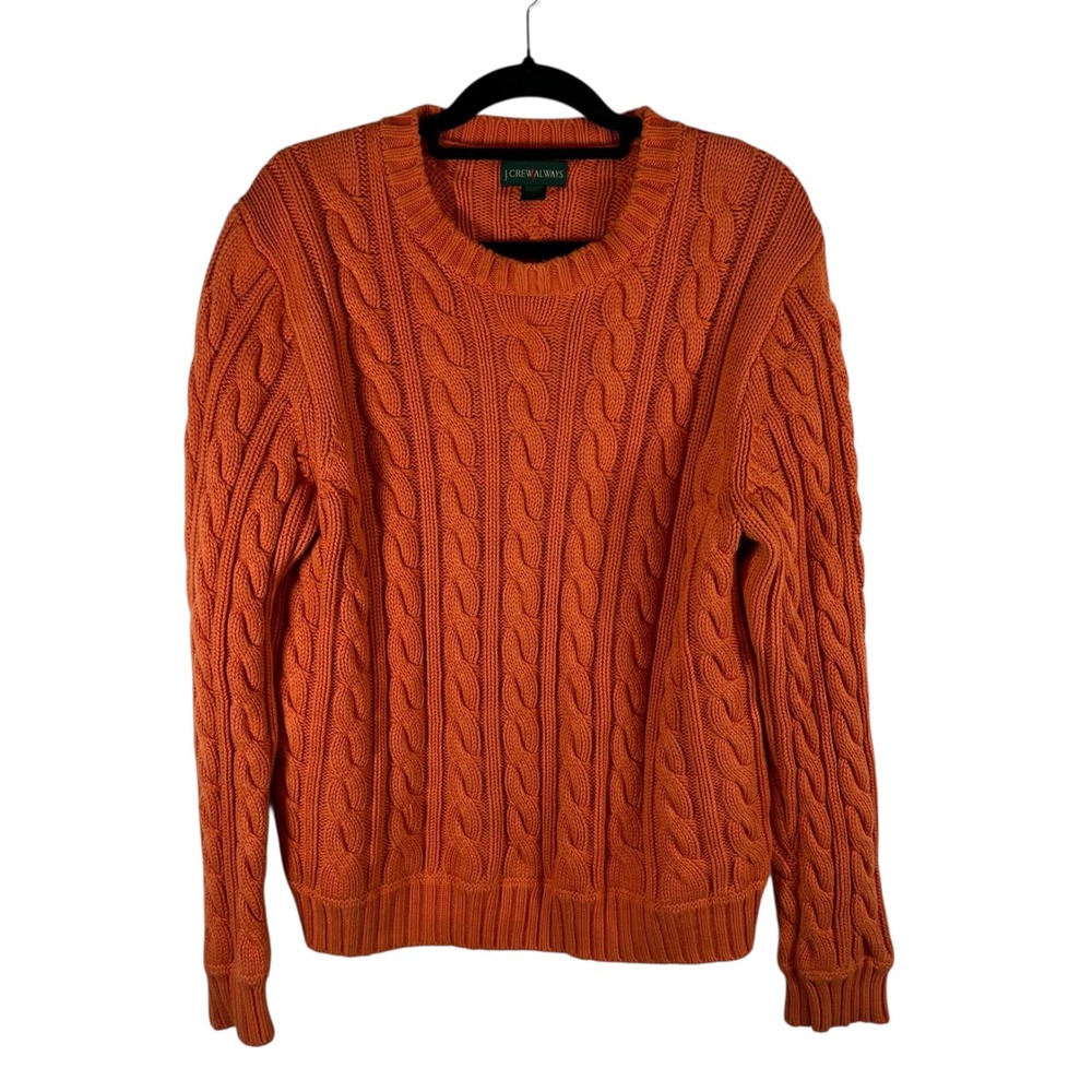 J Crew Always Orange‎ Cable Knit Cotton Crewneck Sweater Large Womens Fisherman